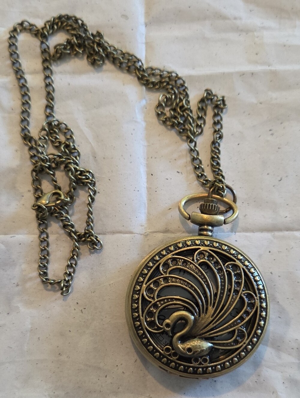 Working! Antique-Style Peacock Pocket Watch Pendant Necklace - Brass Tone